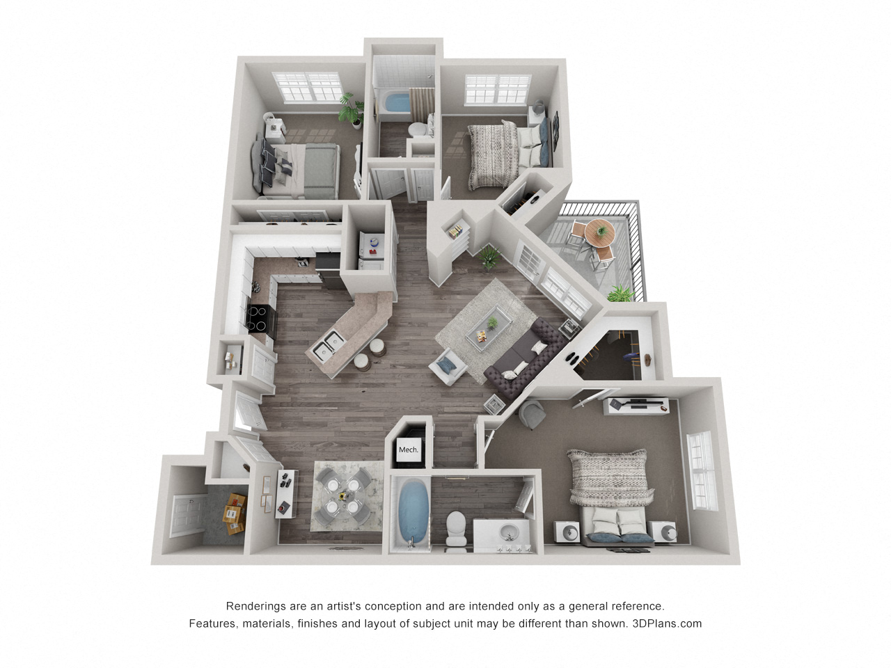 Floor plan for 3 beds, 2 baths, 1262 sqft